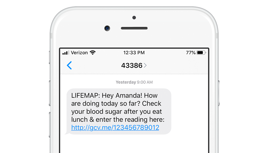 LIFEMAP™ Self Blood Glucose Reading Reminder Text Message on White Mobile Device LIFEMAP™ Self Blood Glucose Reading Reminder Text Message on White Mobile Device